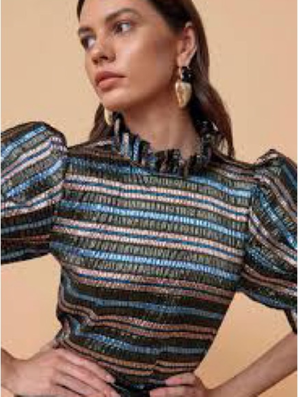 Hunter Bell Stella Metallic Festive Stripe Puff Sleeve Top M MSRP $375